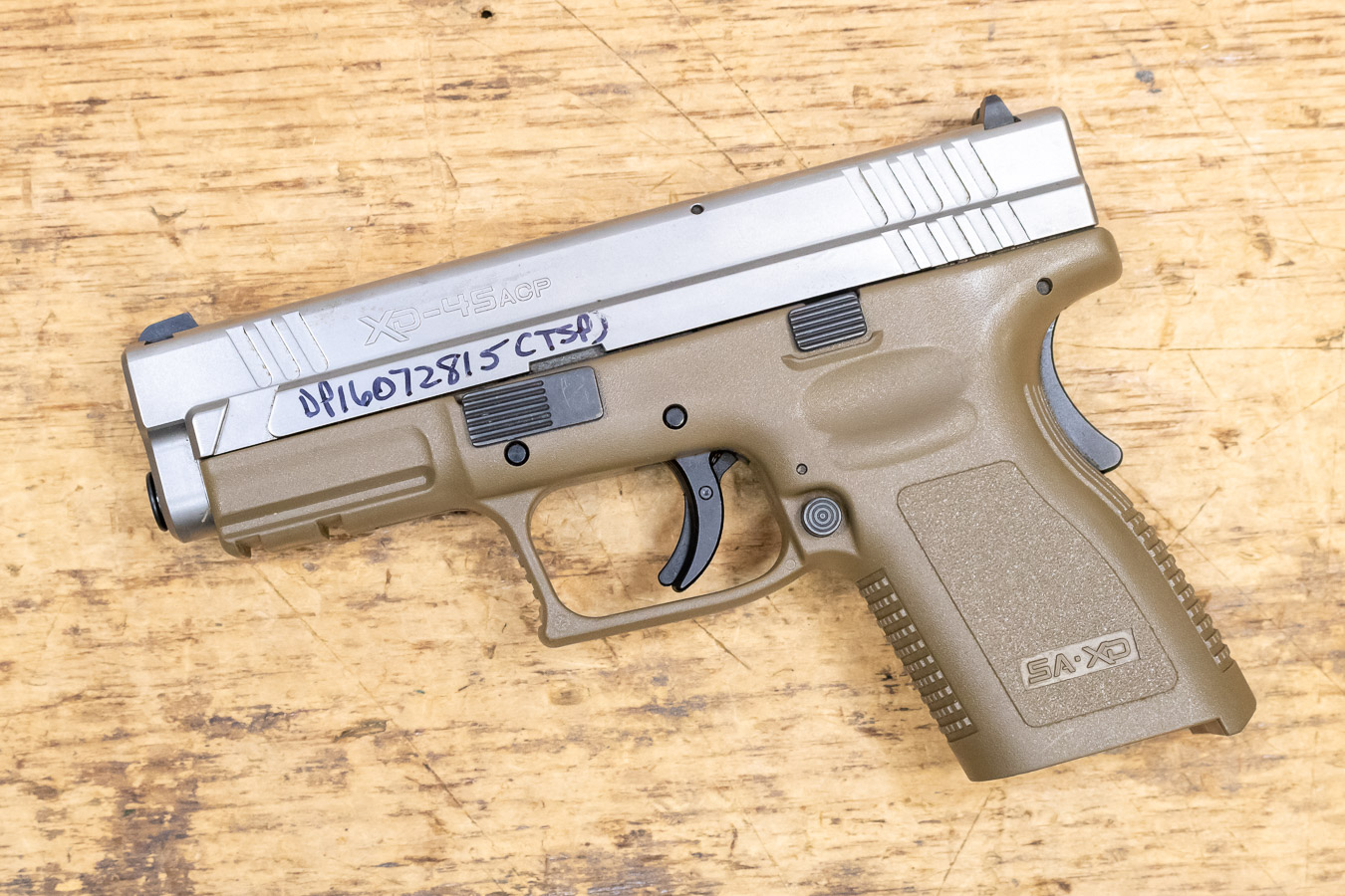 Springfield XD-45 45 ACP Compact Police Trade-in Pistol with FDE Frame and Silver Slide (No